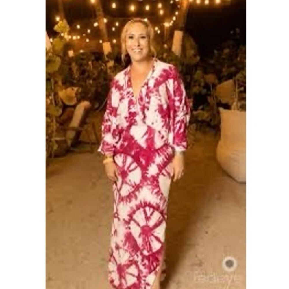S/W/F Magenta Pink Tie-Dye V-Neck Plunge Kimono Front Pockets Dress size Large - Picture 10 of 16